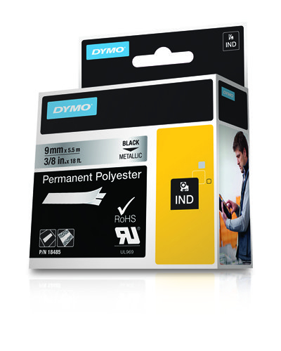 DYMO 18485 Industrial Permanent Polyester Labels Black Text on Metallic Label 9mm